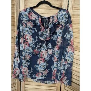 White House Black Market Black Floral Blouse Top Bell Sleeves Heyhole Sz: 12